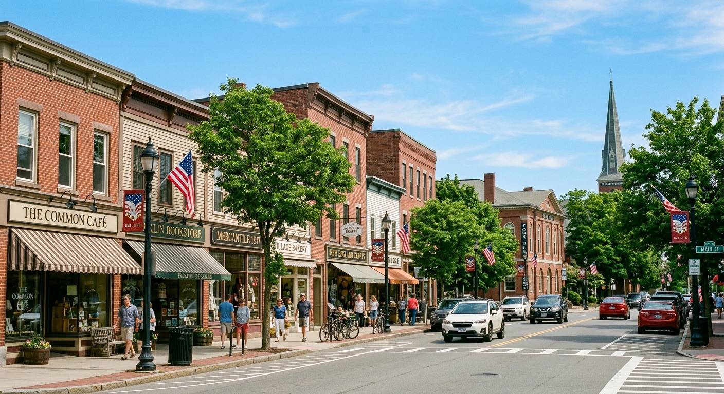 Downtown Franklin Massachusetts town center, charming New England streetscape with local shops and restaurants, tree-lined streets, historic architecture, clear blue sky