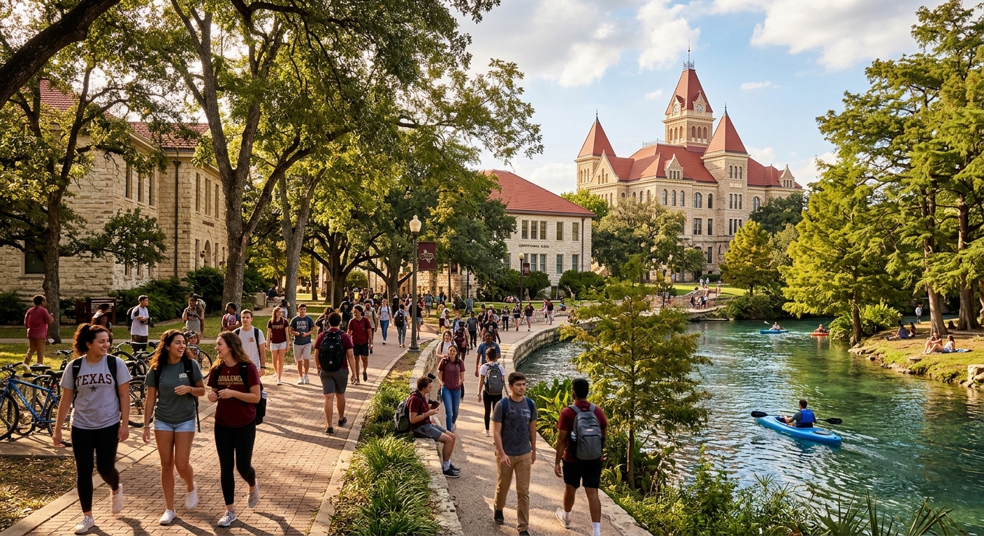 Texas State University campus in San Marcos with limestone buildings, students walking along tree-lined paths near the San Marcos River, warm Texas sunlight, vibrant college atmosphere