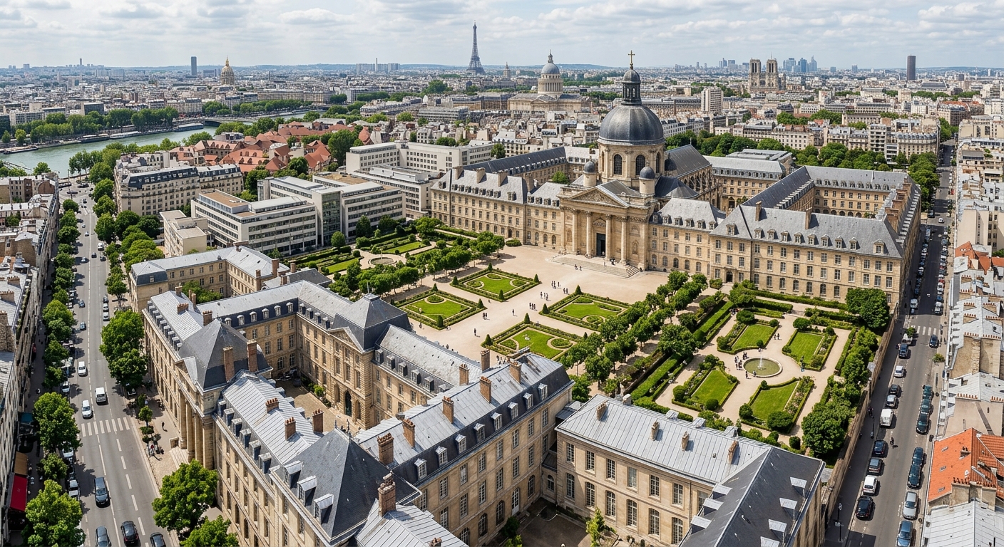 The Pitié-Salpêtrière Hospital campus with its grand classical architecture, domed chapel, manicured gardens, and medical faculty buildings in the 13th arrondissement of Paris