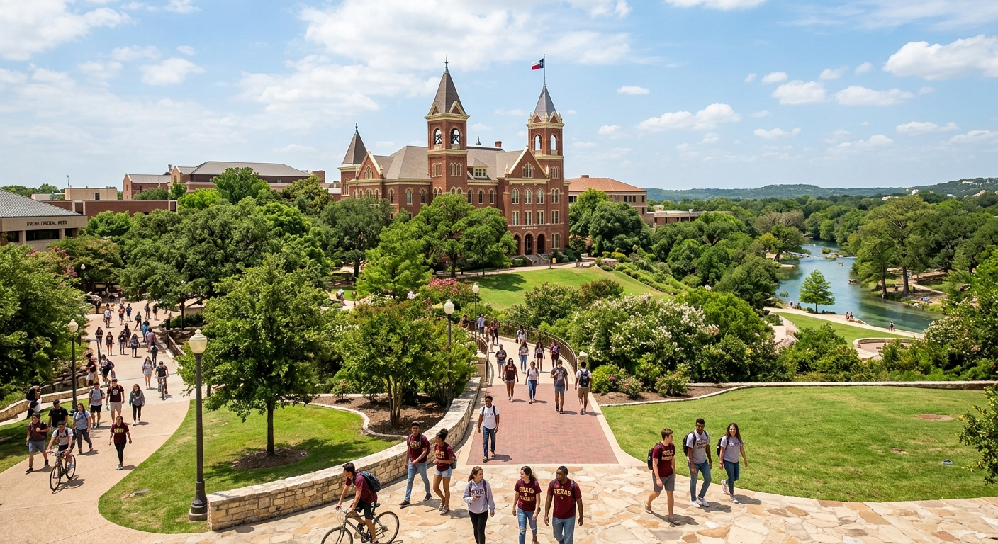 Texas State University campus in San Marcos, Texas, with historic Old Main building surrounded by green trees, San Marcos River visible in the background, students walking along pathways on a sunny day