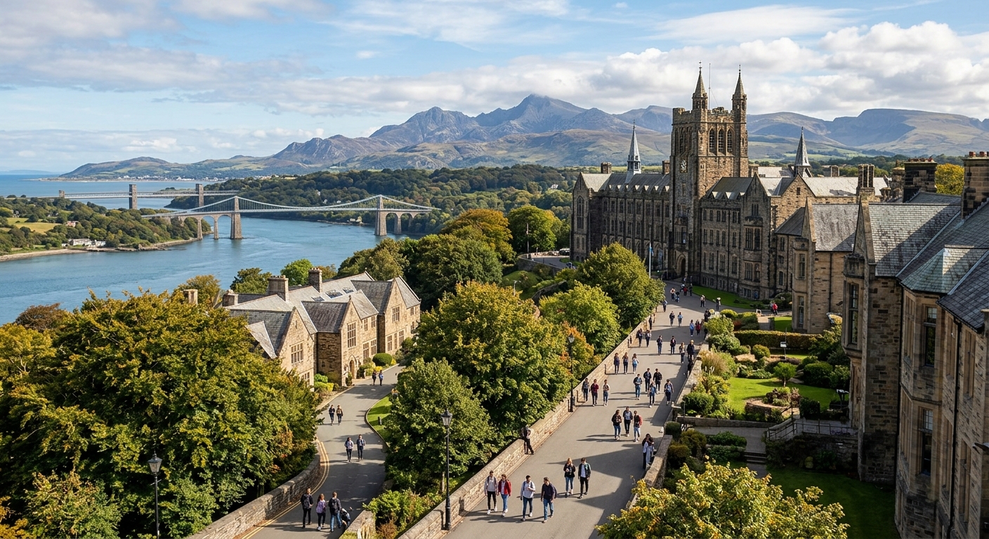Bangor University campus with historic stone buildings set against the backdrop of Snowdonia mountains and the Menai Strait, North Wales coastline visible in the distance, students walking along tree-lined paths