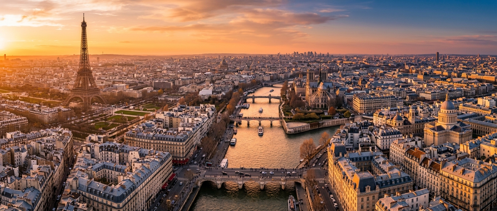 Panoramic aerial view of Paris skyline at golden hour, with the Eiffel Tower, Seine River, Notre-Dame Cathedral, and the Latin Quarter visible, warm sunset light reflecting off Haussmann-style buildings