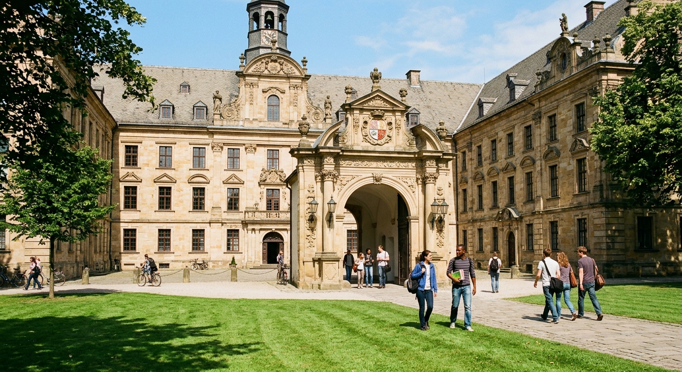 Osnabrück University baroque castle building with ornate facade, green lawn courtyard, students walking through arched entrance, sunny day