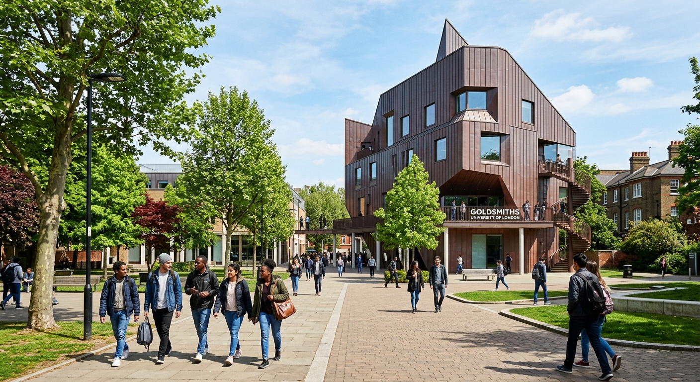 Goldsmiths University of London campus in New Cross, Southeast London, featuring the iconic Ben Pimlott Building with its distinctive angular architecture, students walking through the courtyard on a sunny day, green trees lining the pathways