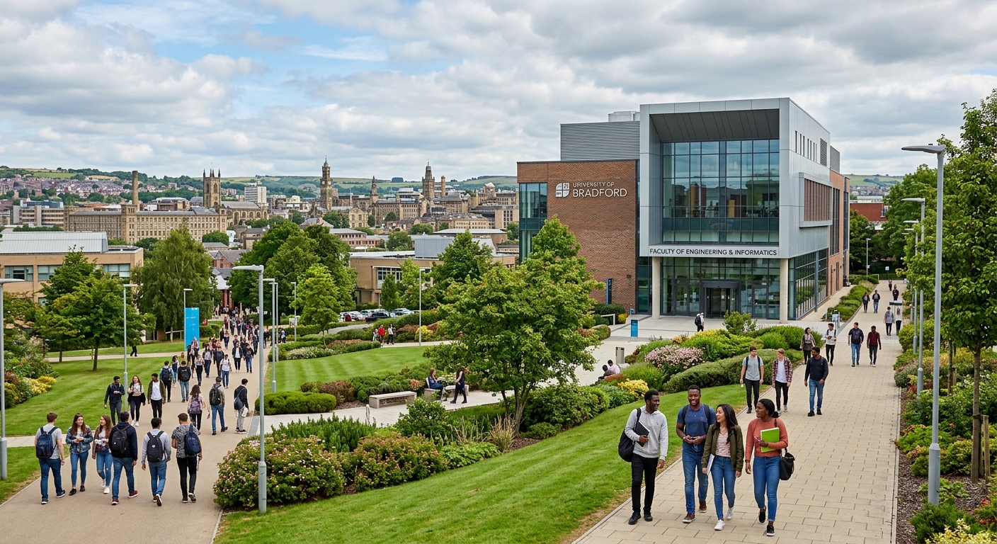 University of Bradford campus with modern engineering building, students walking on pathways, green landscaped areas, and the Bradford cityscape in the background under a partly cloudy sky