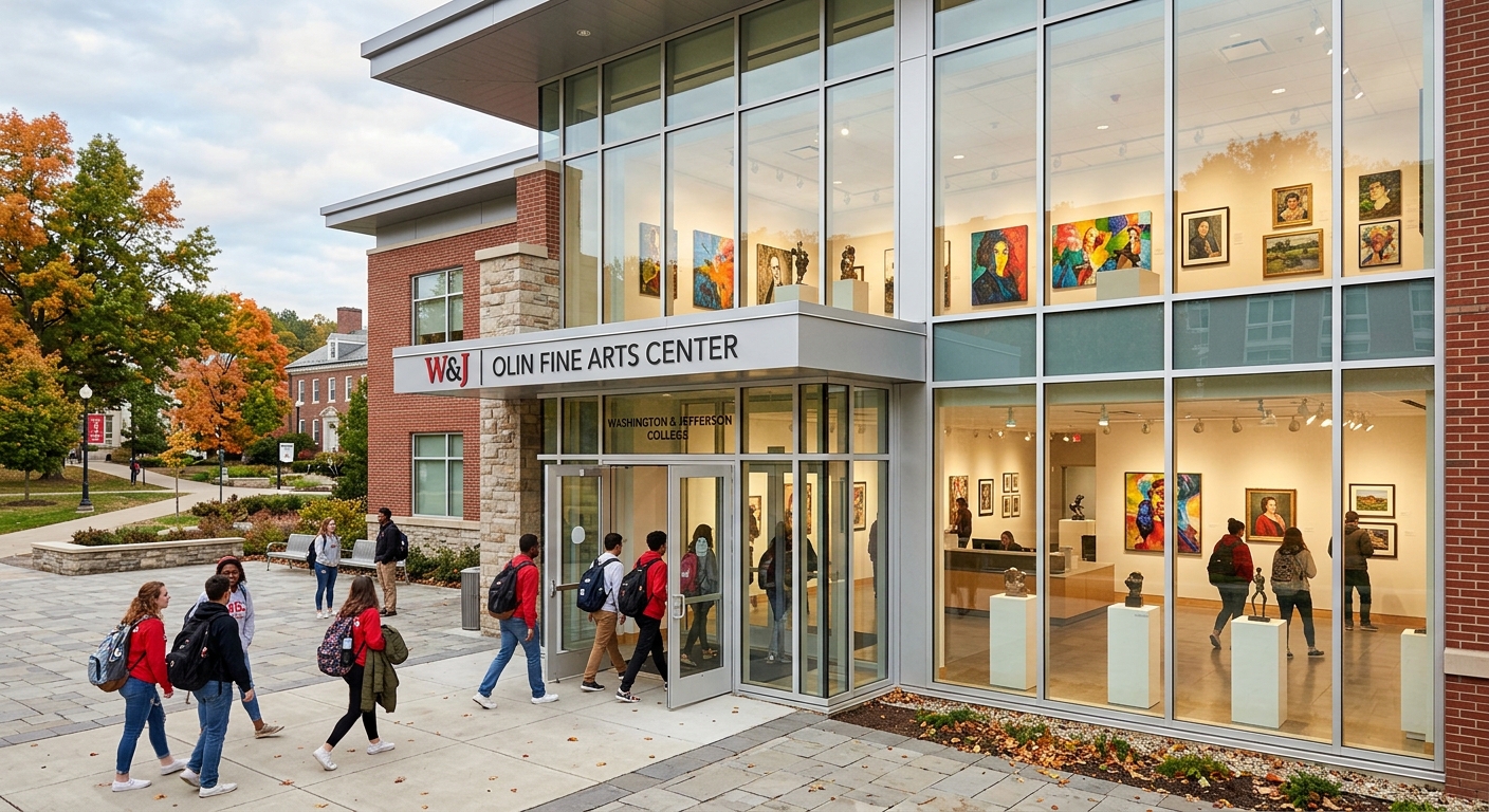 Olin Fine Arts Center at W&J College, modern building with large windows, students entering through glass doors, art displays visible inside