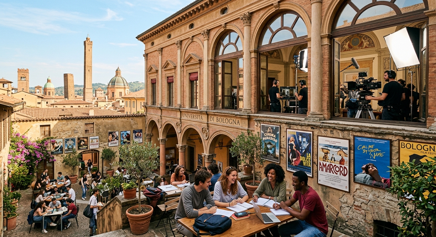 Historic Italian cityscape with elegant European university building, film production equipment visible through large windows, students collaborating in a sunlit courtyard with Mediterranean architecture and cinematic posters on the walls