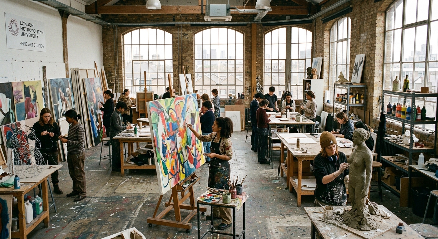 Spacious art studio at London Metropolitan University with large canvases, sculpture materials, natural light from industrial windows, and students working on diverse fine art projects in an open-plan creative space