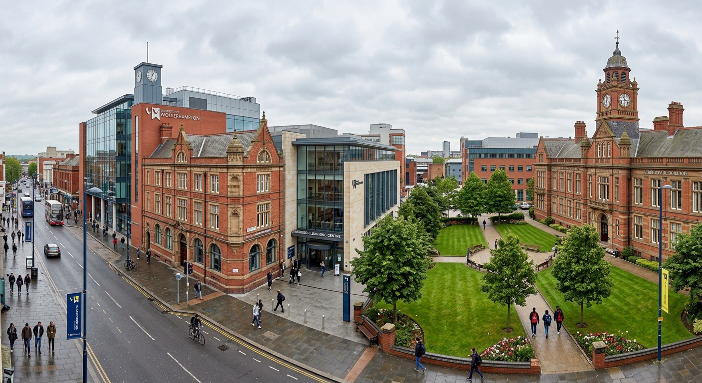 University of Wolverhampton City Campus wide shot, modern and historic buildings along Wulfruna Street, red brick architecture mixed with contemporary glass facades, green courtyard areas, overcast British sky