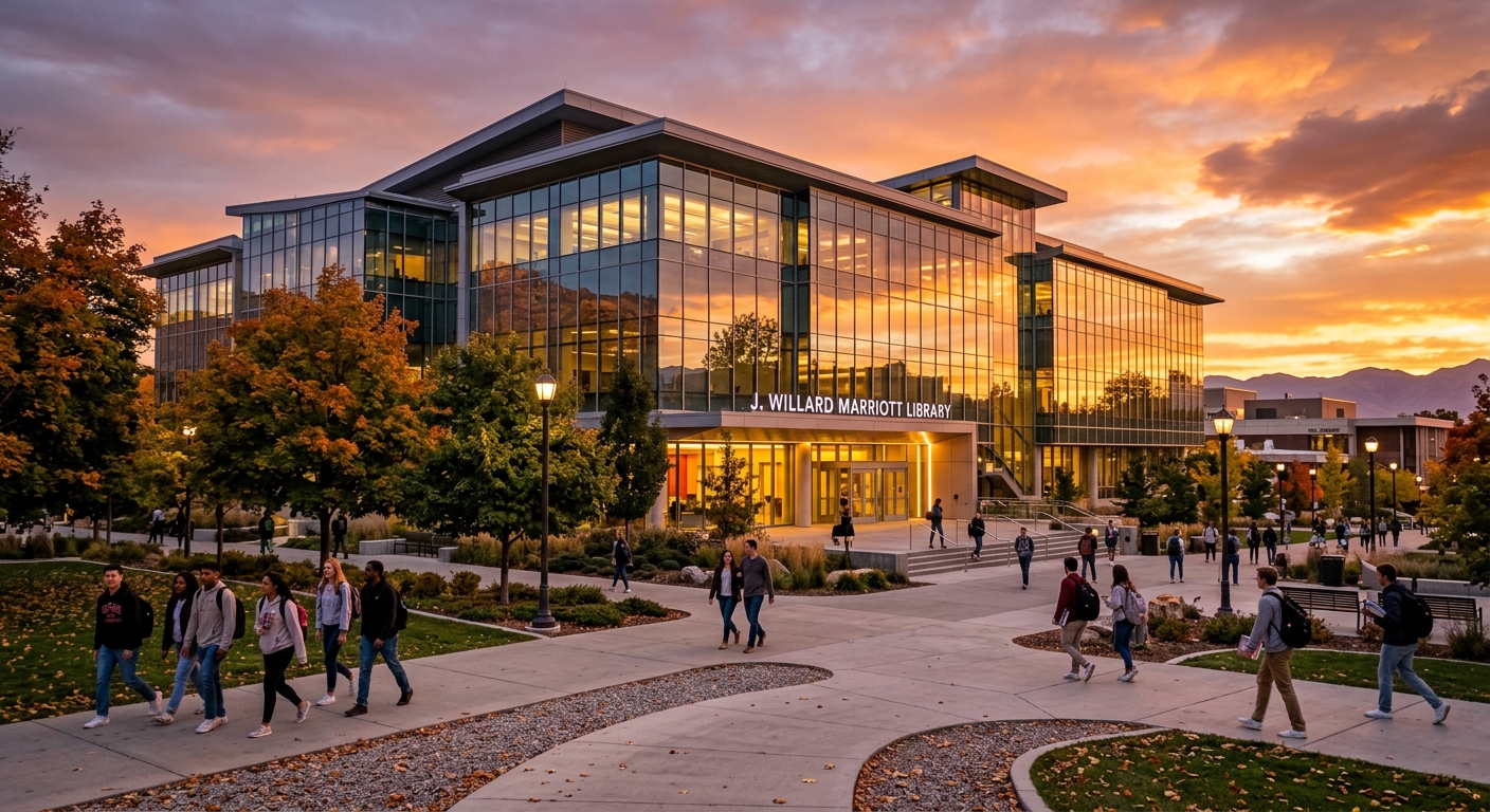 J. Willard Marriott Library at the University of Utah, modern glass facade reflecting sunset light, students walking on pathways surrounded by trees