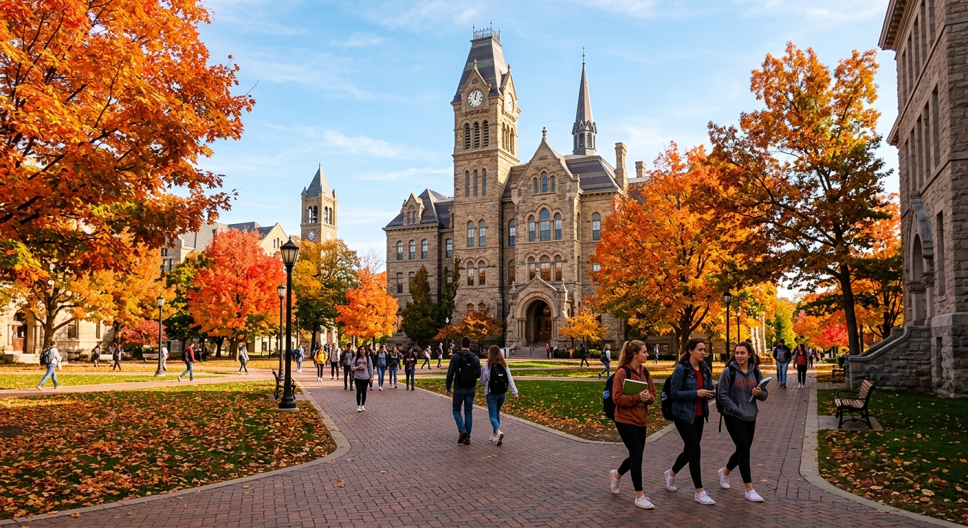 Syracuse University campus in autumn with orange and red foliage, historic stone buildings, students walking on pathways near the Hall of Languages, bright fall sunshine illuminating the quad