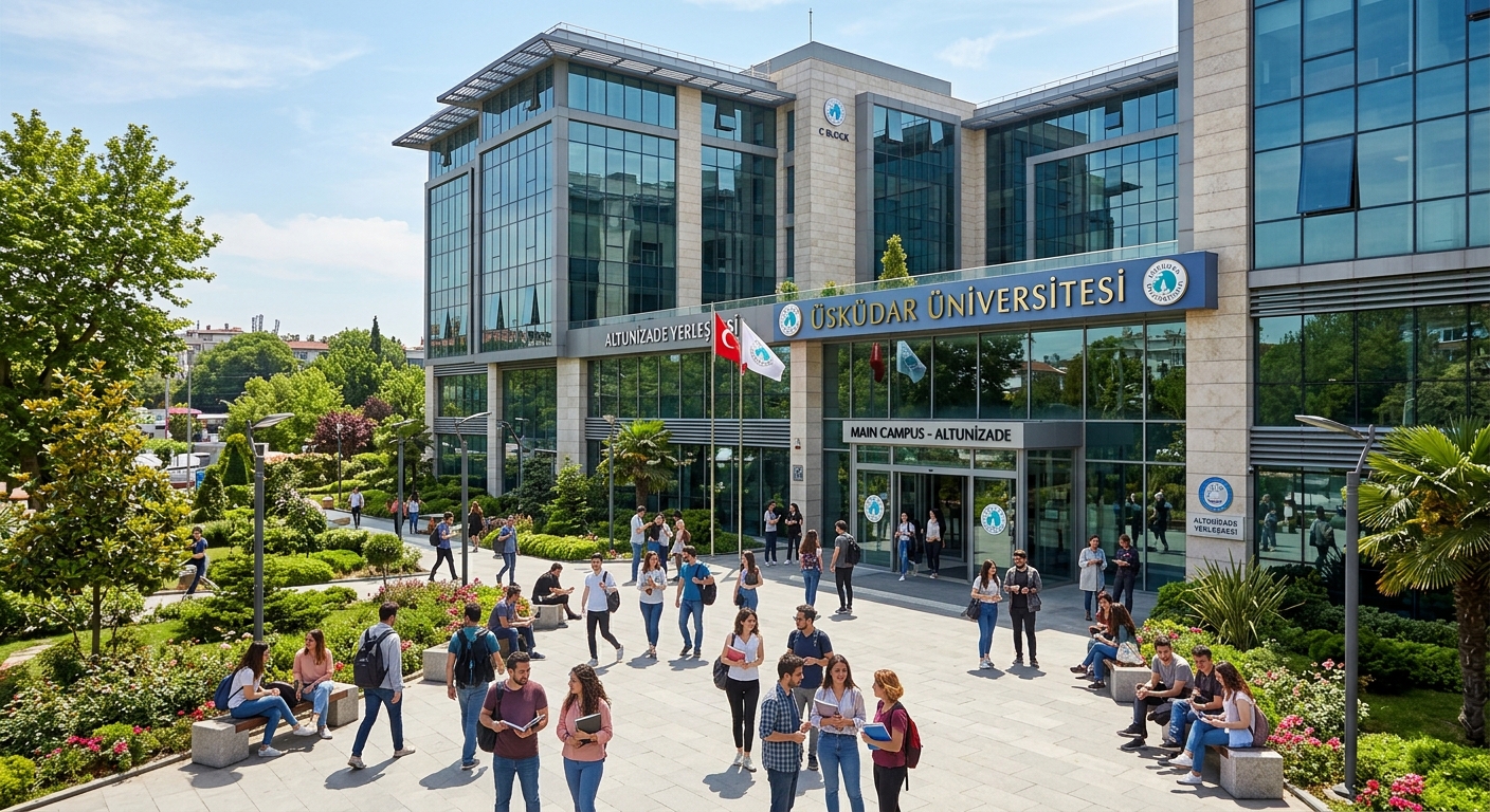 Üsküdar University Main Campus in Altunizade, modern multi-story building with glass windows, students gathering in front courtyard, greenery and trees surrounding the entrance, bright daylight