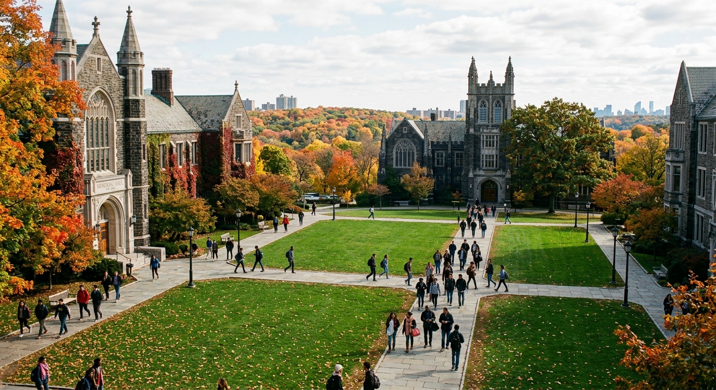 Manhattan University campus in Riverdale, New York, with historic Gothic-style academic buildings surrounding a green quadrangle, students walking between classes, autumn foliage and views of Van Cortlandt Park in the background