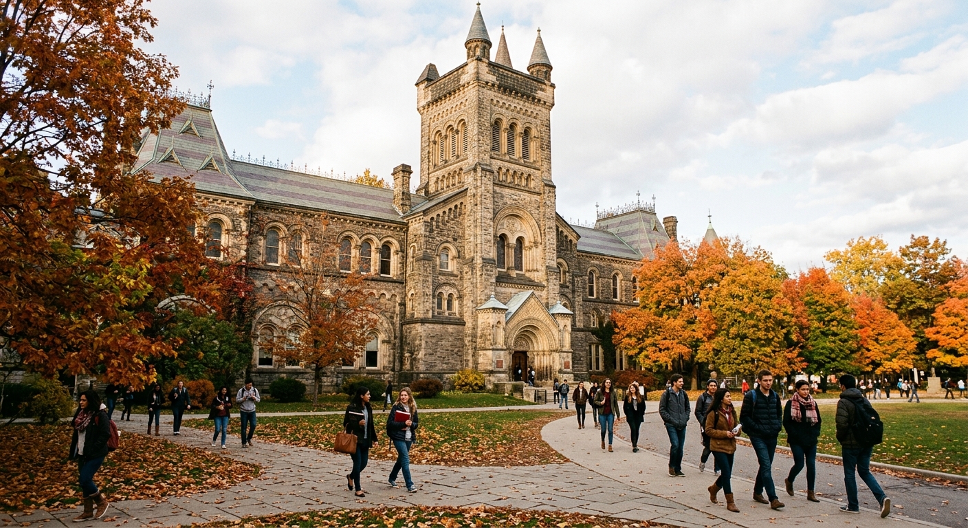 University College at U of T St. George campus, Romanesque Revival stone building with turrets and arched entrance, autumn foliage, students walking on pathways
