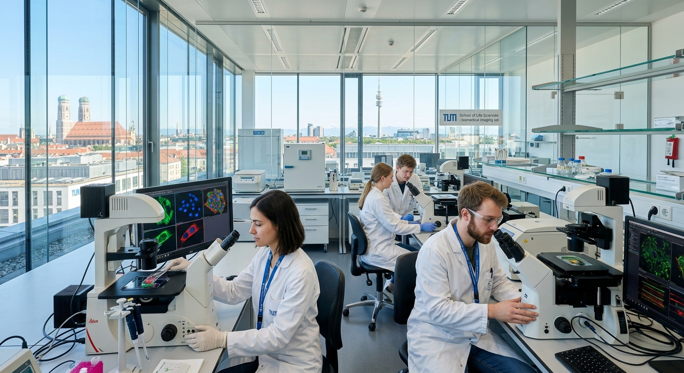 Modern biomedical research laboratory at Technical University of Munich, PhD students working with microscopes and advanced imaging equipment, bright clinical environment with glass walls, Munich skyline visible through windows