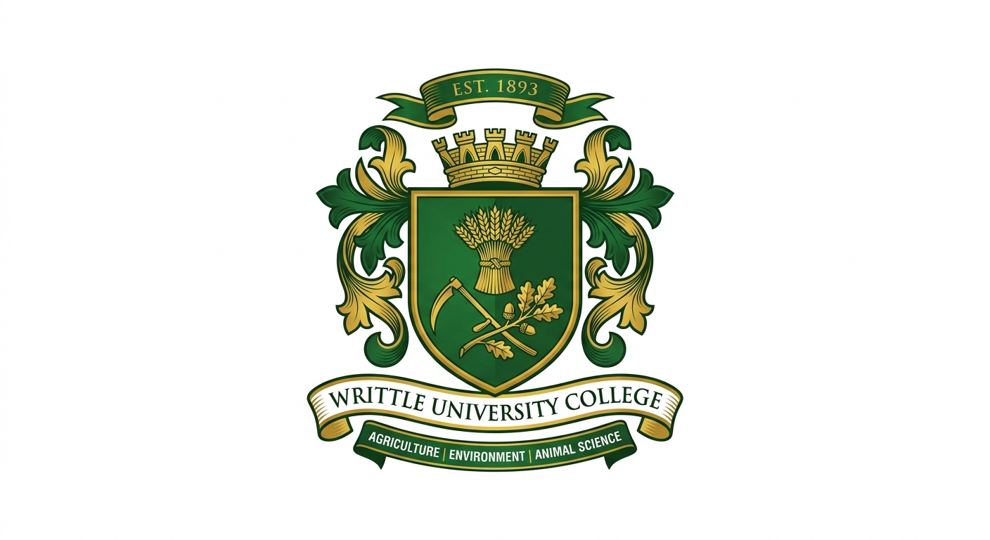 Writtle University College official logo, green and gold crest with agricultural motifs on white background