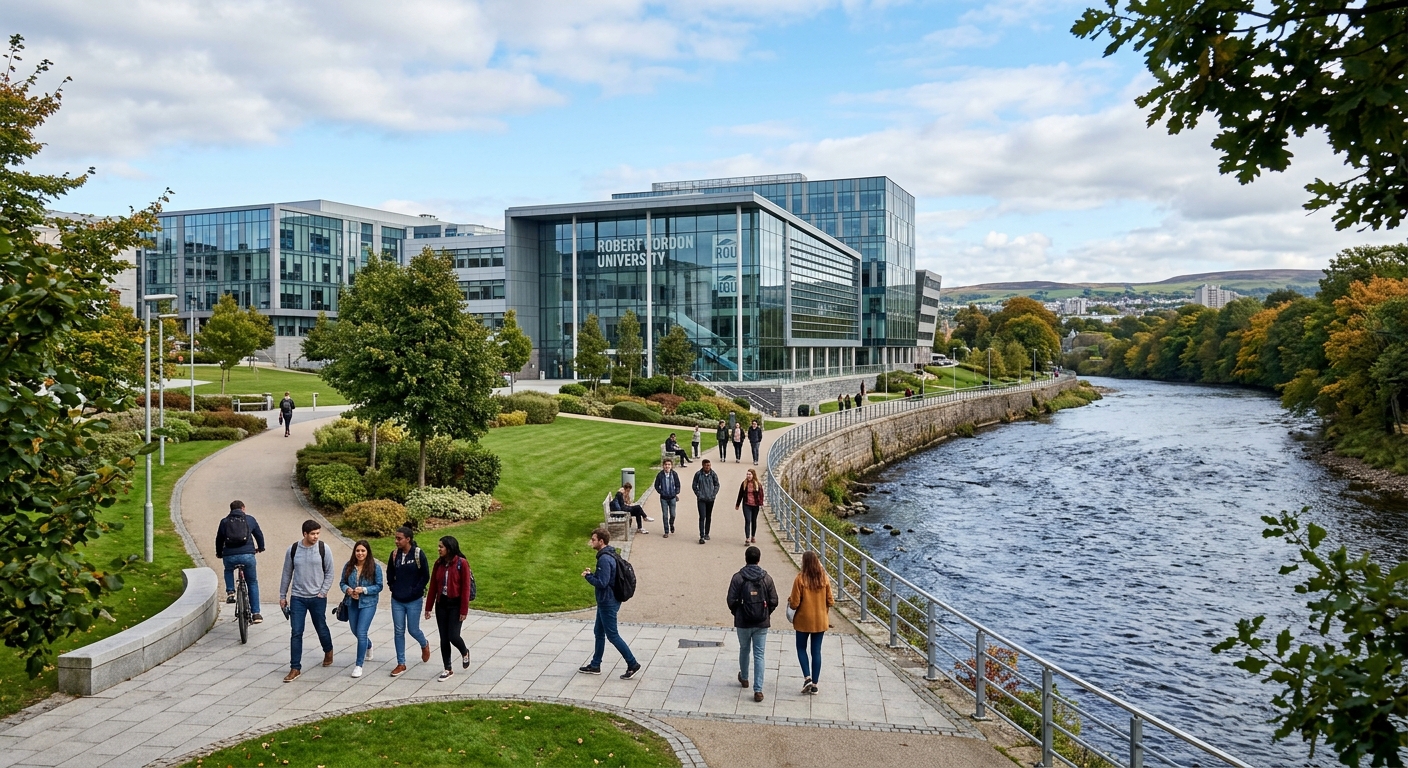 Modern riverside campus of Robert Gordon University in Aberdeen, Scotland, with contemporary glass and steel buildings, students walking along pathways near the River Dee, green landscaped grounds under a partly cloudy sky