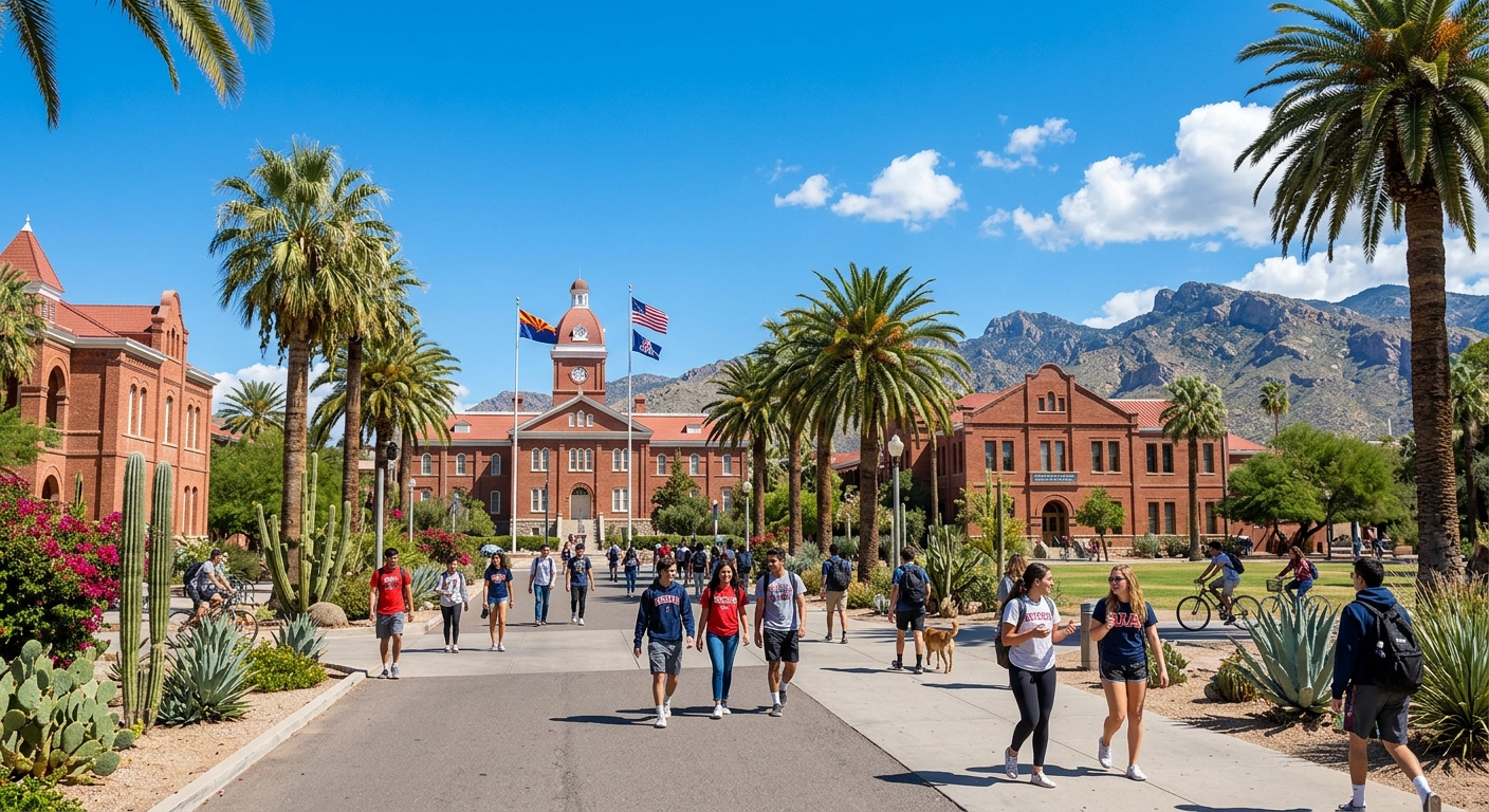 University of Arizona campus in Tucson with desert landscape, red brick buildings, palm trees, and students walking along pathways under a bright blue sky