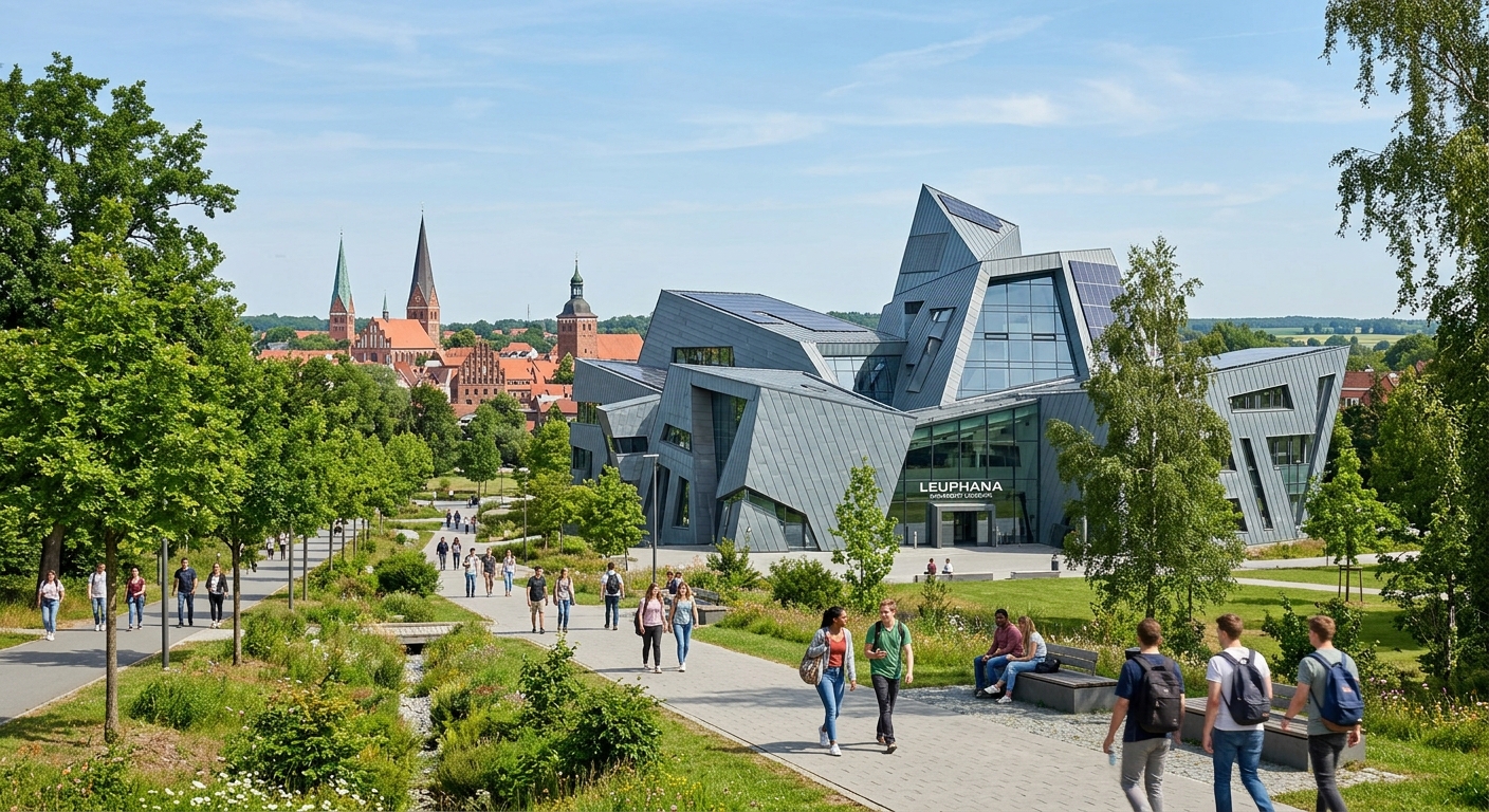 Leuphana University Lüneburg modern campus building designed by Daniel Libeskind with green sustainable landscape, students walking along tree-lined paths, clear sky over the historic town of Lüneburg in Lower Saxony, Germany