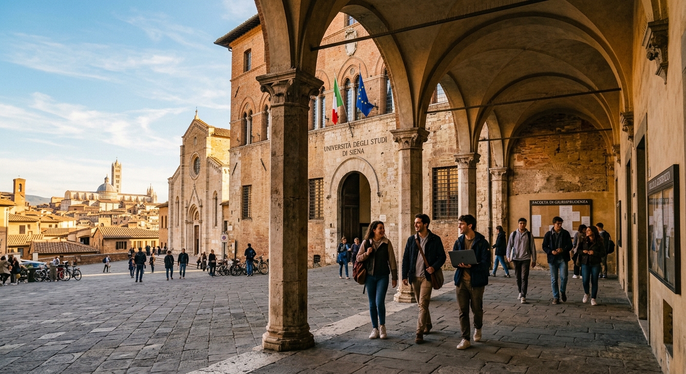 Historic University of Siena campus building in Tuscany with medieval architecture, Piazza San Francesco, students walking through arched corridors, warm Italian sunlight, terracotta rooftops visible in background
