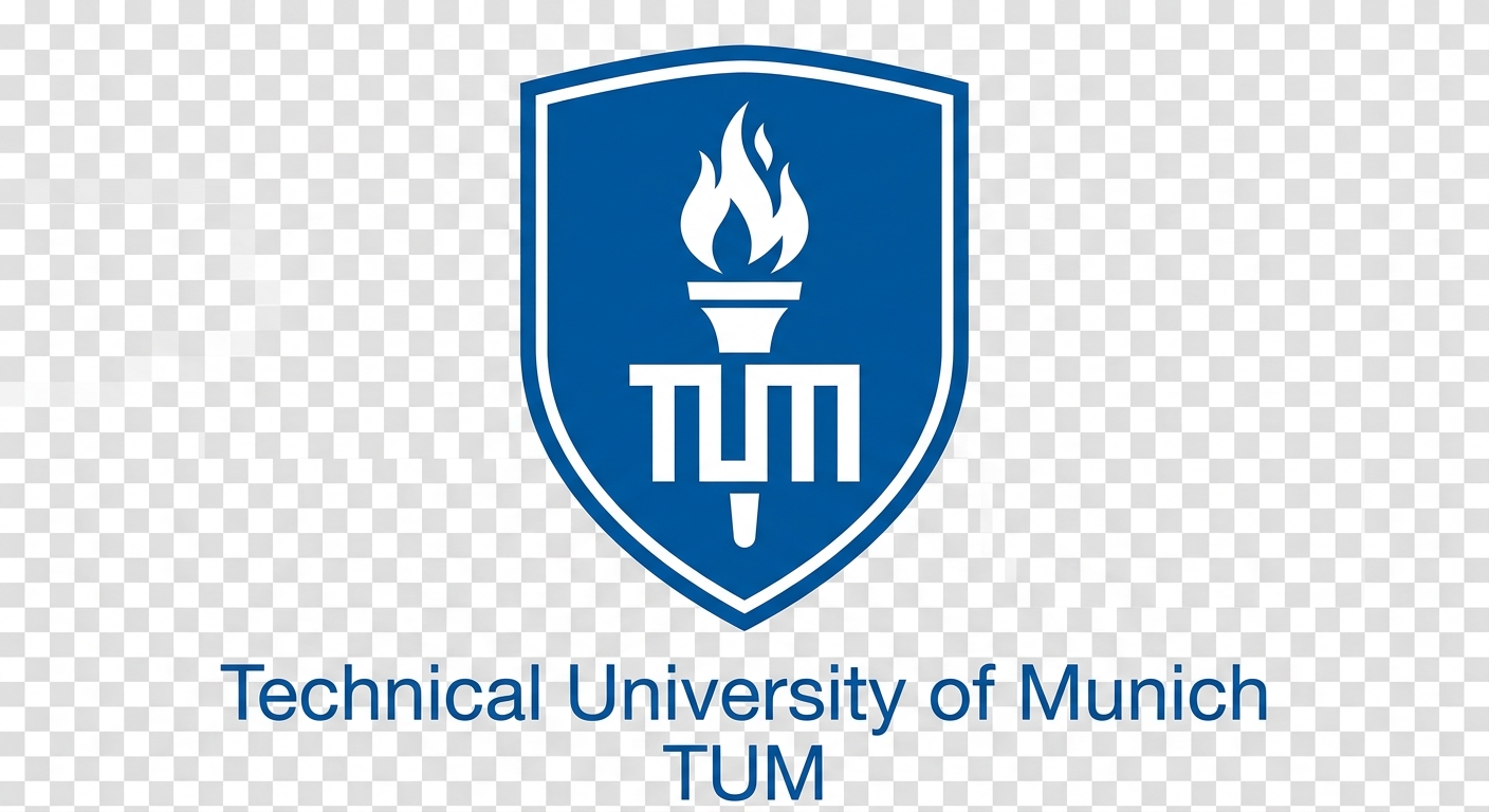 Technical University of Munich TUM official logo, blue shield with white stylized torch and letters TUM, clean vector design on transparent background