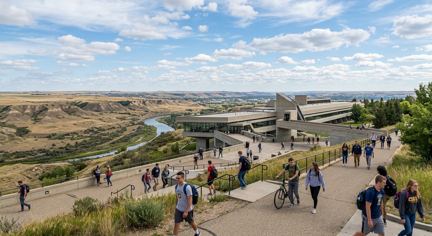 University of Lethbridge campus overlooking the Oldman River coulee in southern Alberta, modern Arthur Erickson-designed university building with prairie landscape and blue sky, students walking on pathways