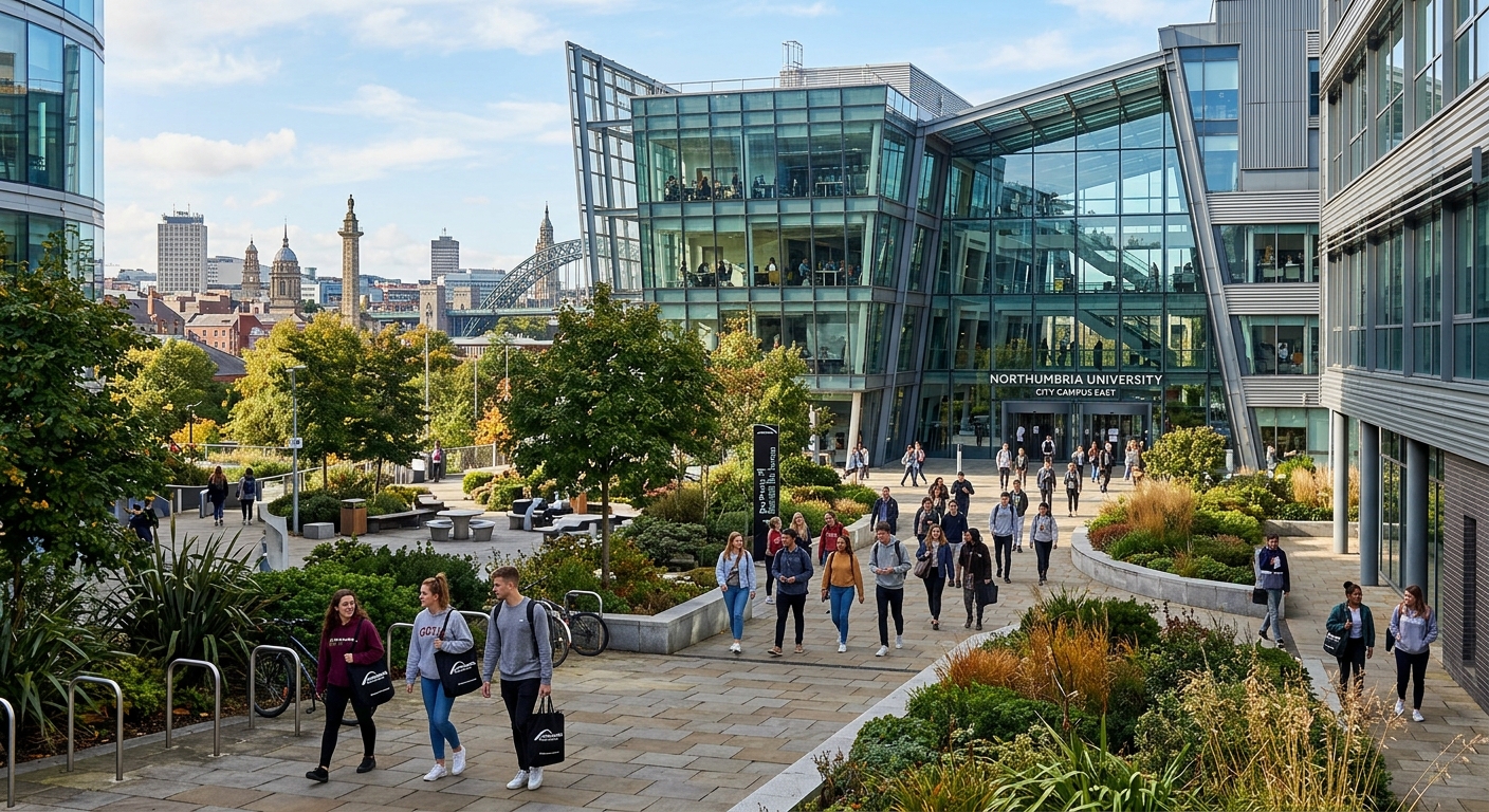 Northumbria University City Campus East, modern glass and steel academic buildings with award-winning contemporary architecture, students walking through landscaped courtyard, Newcastle city centre backdrop