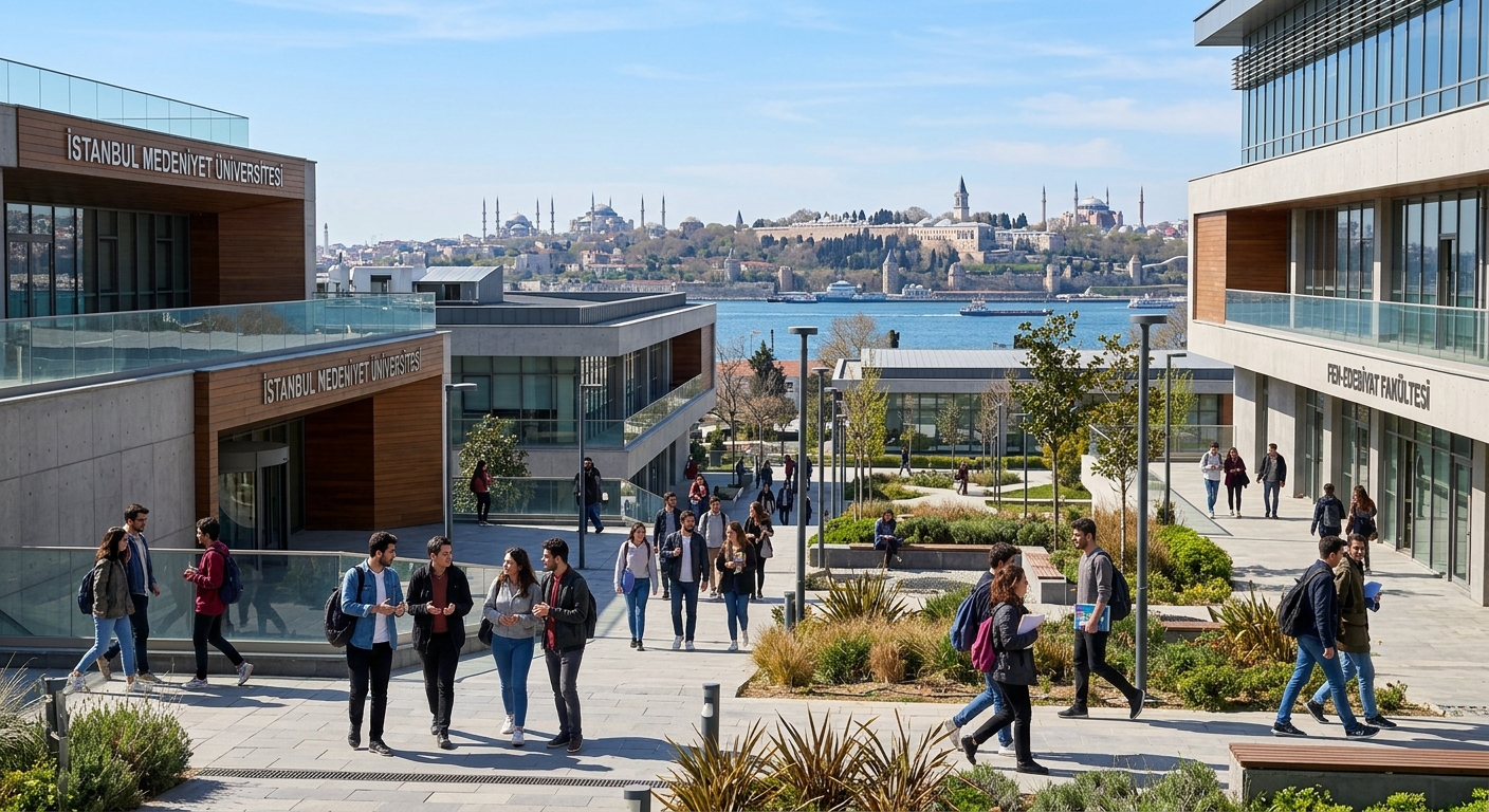 Modern university campus building in Istanbul with students walking through courtyard, Topkapı Palace visible in the background, clear blue sky, contemporary architecture blending with historic Istanbul skyline