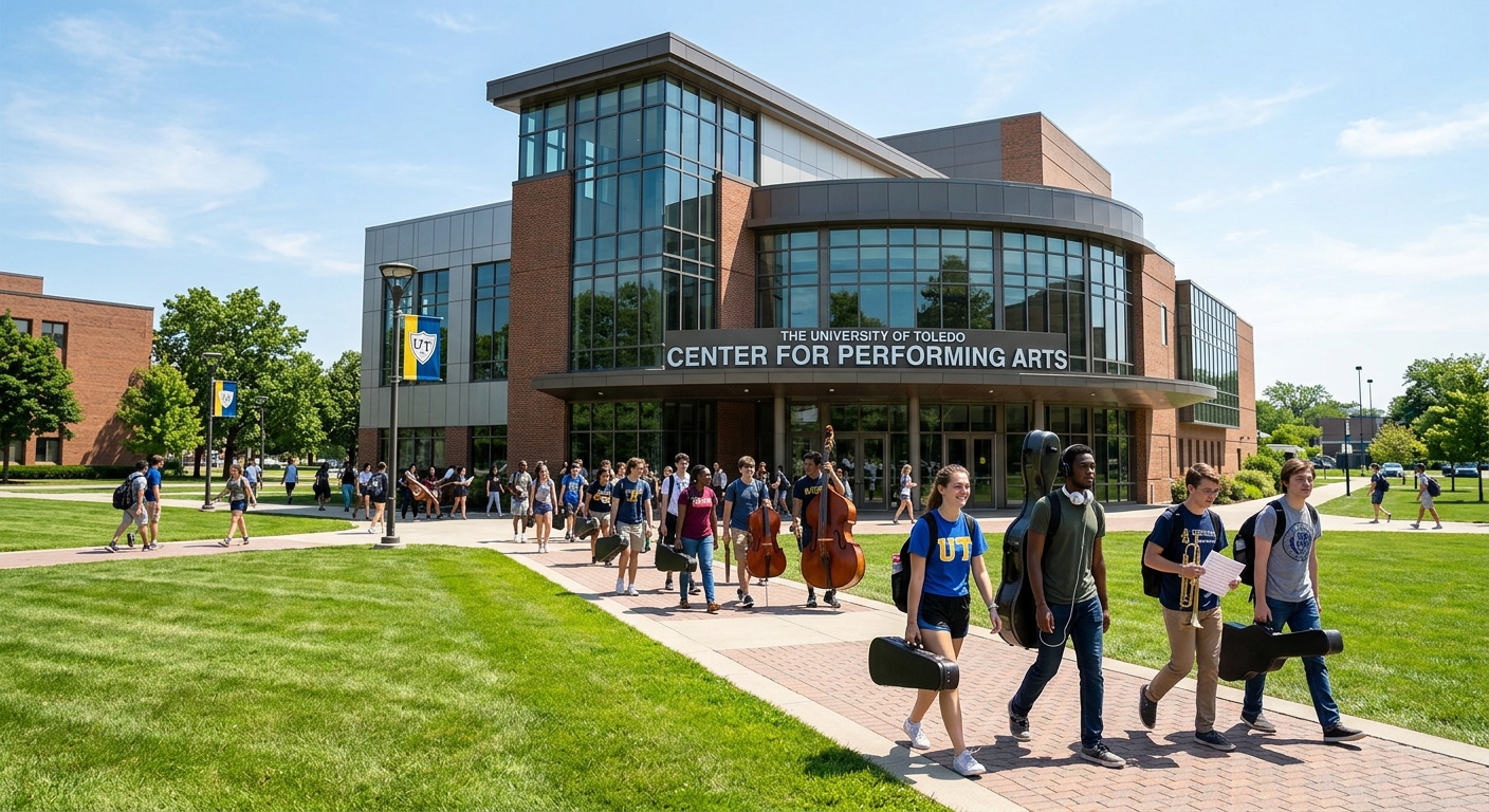 University of Toledo Center for Performing Arts building exterior with students carrying instrument cases, green campus lawn, modern architecture with glass windows, sunny day in Toledo Ohio
