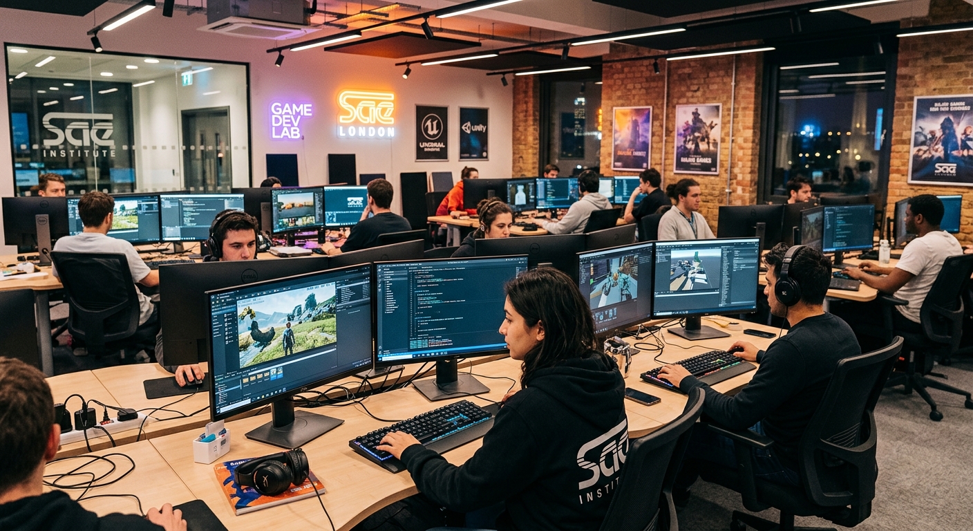 Modern games programming studio at SAE Institute London campus, students working on game development projects using multiple monitors displaying Unreal Engine and Unity interfaces, professional lighting and creative workspace atmosphere