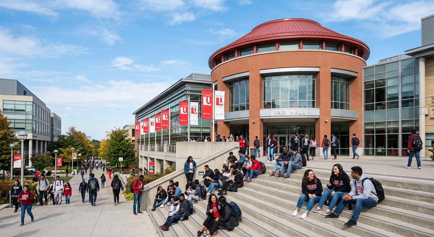 York University Vari Hall with its distinctive rotunda entrance, students gathered on the steps, red and white university banners, modern architecture against blue sky