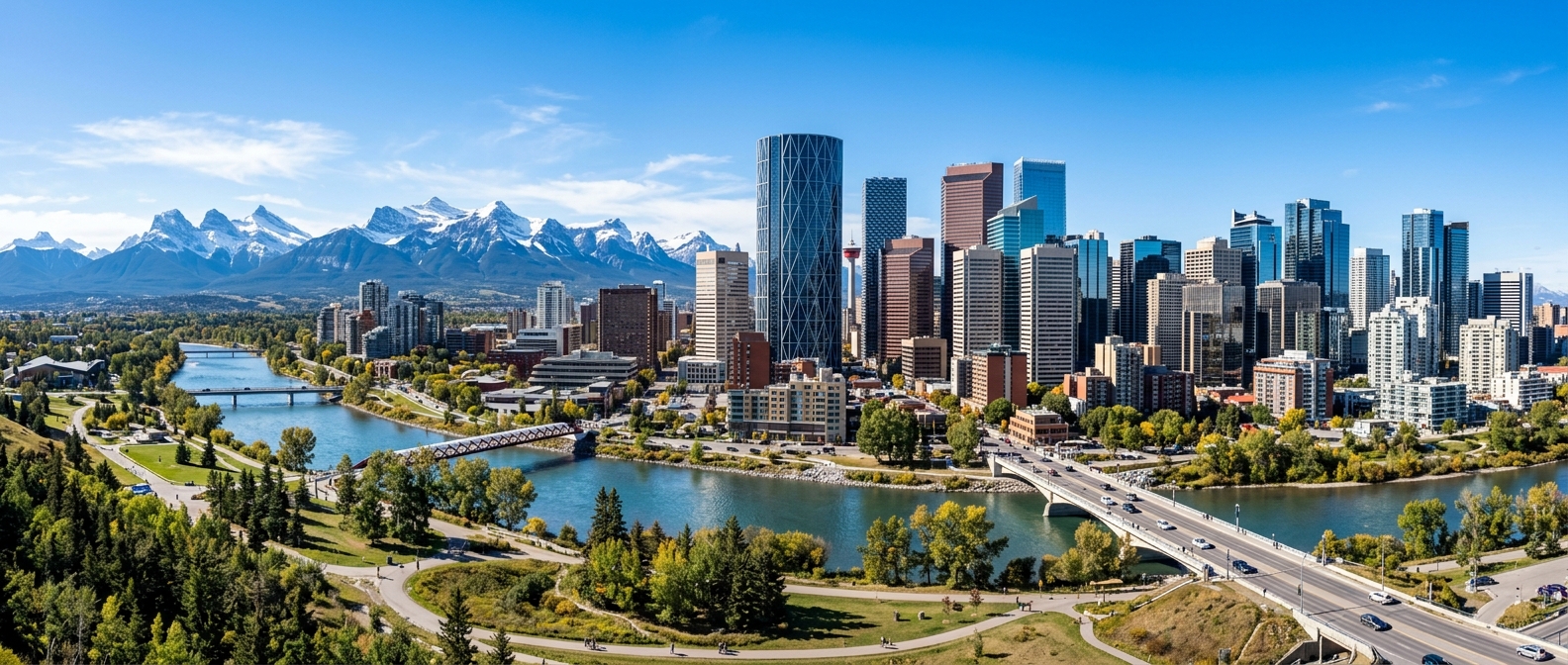 Calgary skyline panorama with modern skyscrapers, Bow River flowing through the city, snow-capped Rocky Mountains in the background, bright sunny day