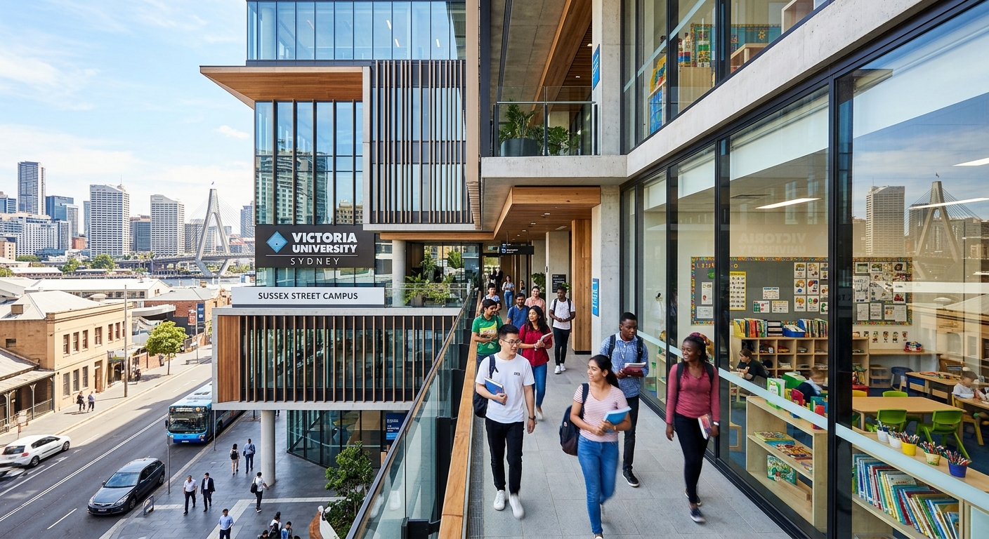 Modern Victoria University Sydney campus building on Sussex Street, diverse international students walking through bright corridors, early childhood education classroom with colorful learning materials visible through glass windows, Sydney cityscape in background