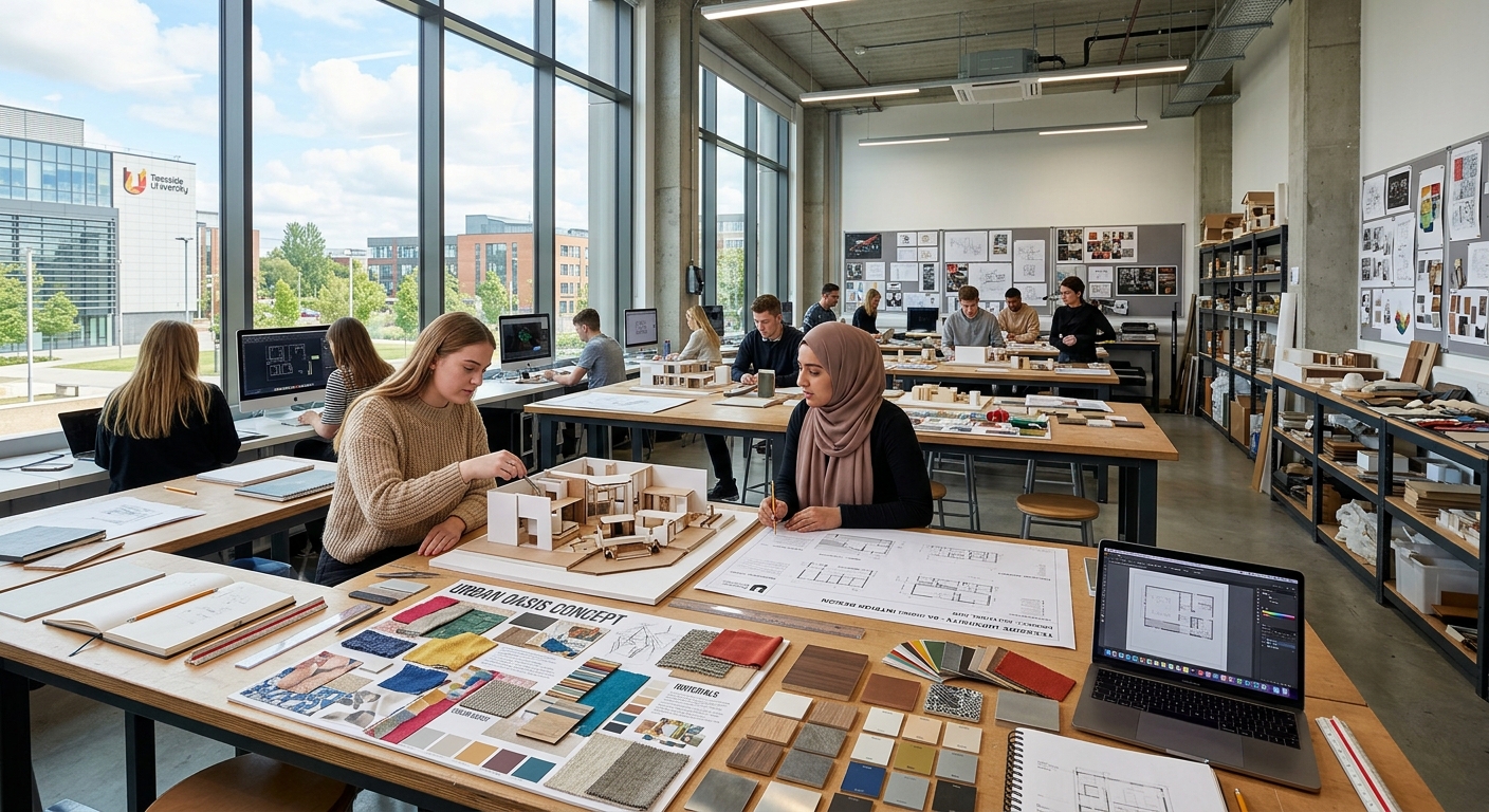 Modern design studio at Teesside University Middlesbrough campus, students working on interior design models and mood boards, large windows with natural light, material samples and architectural drawings on tables