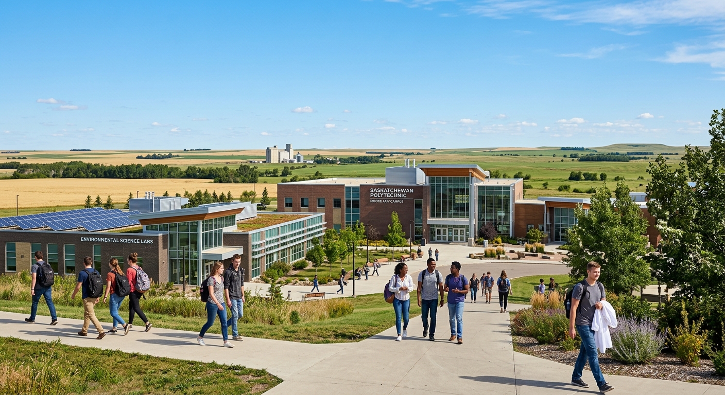 Saskatchewan Polytechnic Moose Jaw campus with modern polytechnic buildings, Canadian prairie landscape, students walking near environmental science labs, clear blue sky over Saskatchewan