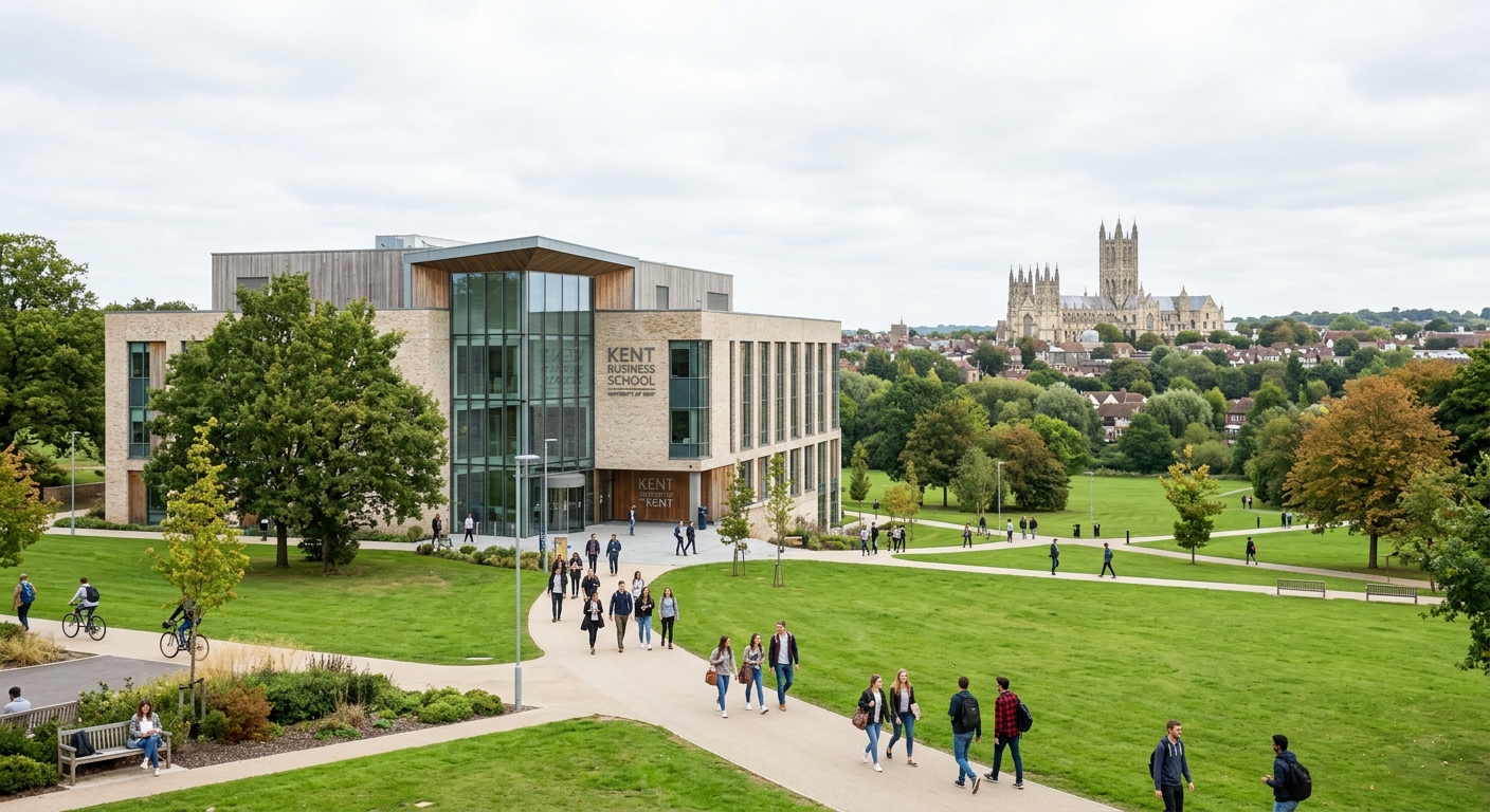 Modern Kent Business School building on the Canterbury campus surrounded by green parkland, students walking along pathways, historic Canterbury Cathedral visible in the background, bright overcast English sky