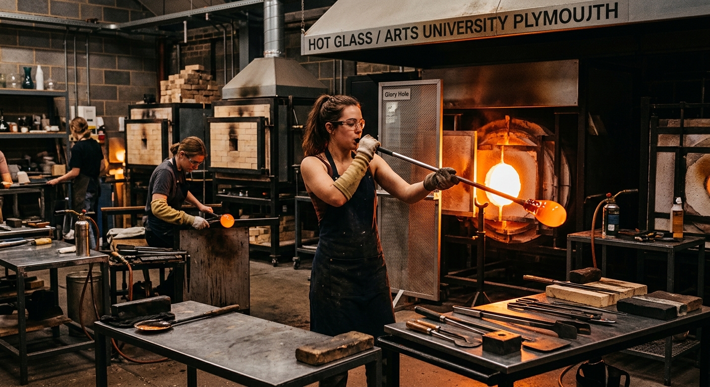 Hot glass studio at Arts University Plymouth with a glowing glass furnace, a student blowing molten glass on a blowpipe, warm orange light from the furnace illuminating the workshop space, specialized glassmaking tools and kilns visible in the background