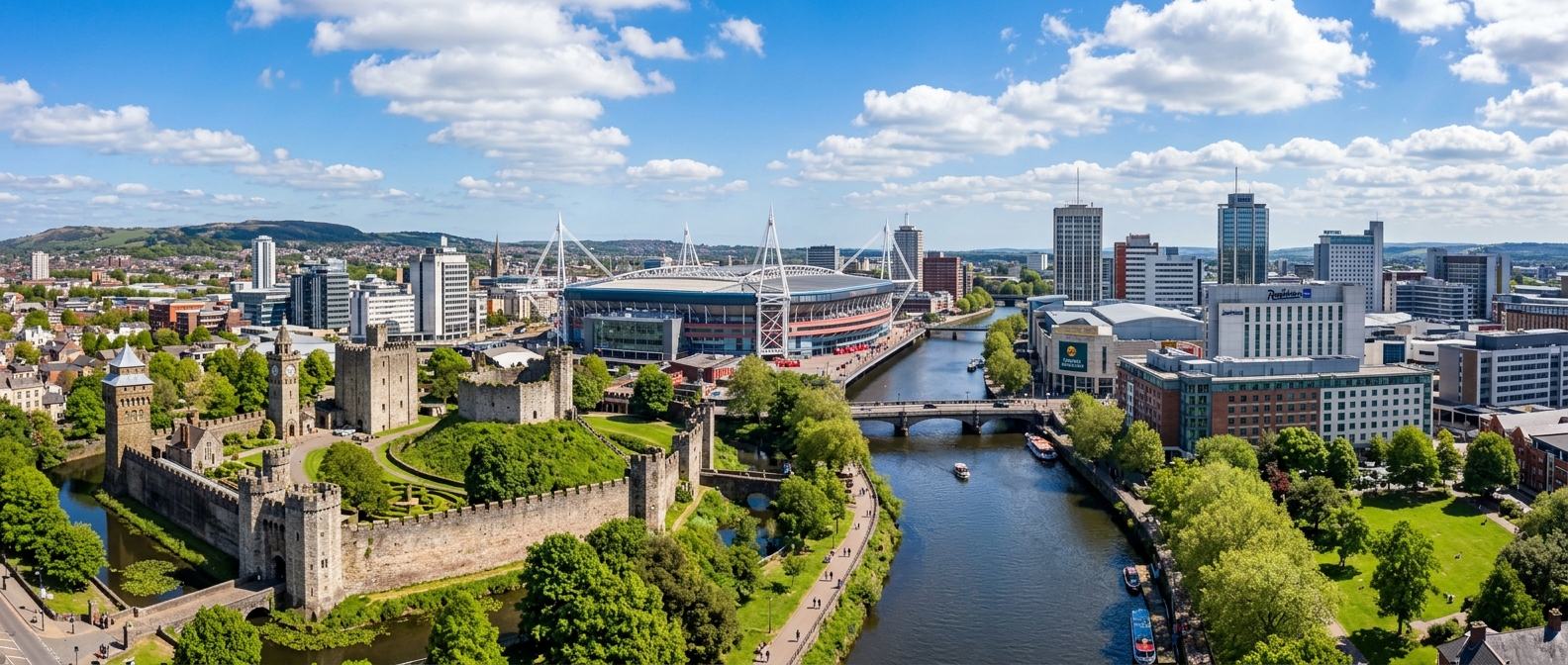 Cardiff city skyline panoramic view, Cardiff Castle in foreground, Principality Stadium visible, modern city centre buildings, River Taff flowing through, blue sky with scattered clouds
