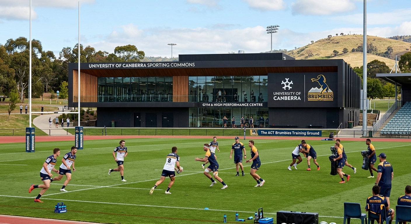 University of Canberra Sporting Commons, modern sports facility with rugby field, gym building, athletes training outdoors, ACT Brumbies branding visible
