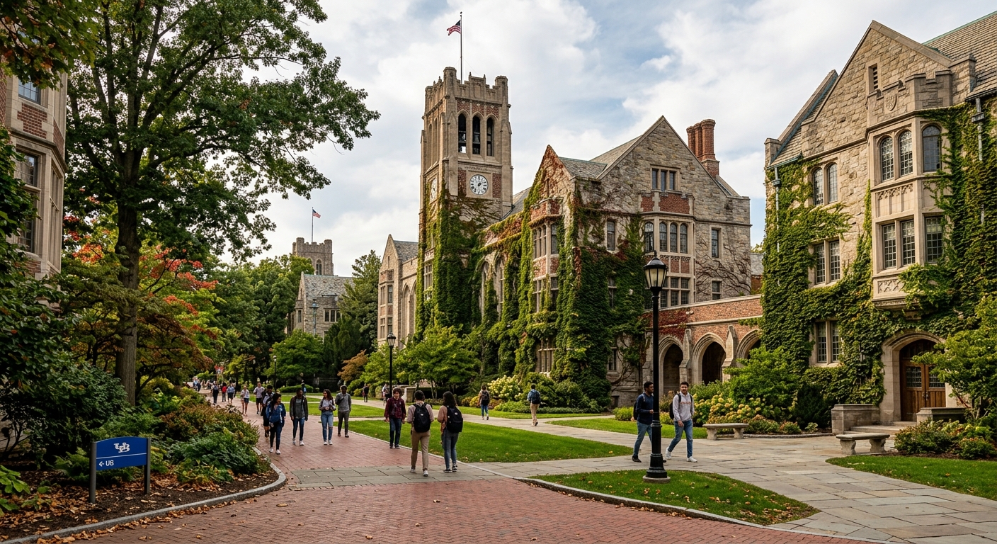 University at Buffalo South Campus with classic ivy-covered stone buildings, tree-lined walkways, and historic architecture from the 1920s