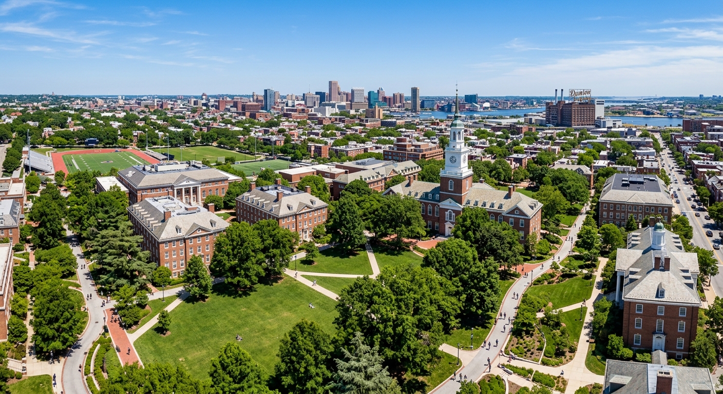 Johns Hopkins University Homewood campus wide aerial view, red-brick Federal-style buildings, green quads, tree-lined pathways, Gilman Hall clock tower, Baltimore cityscape in background, clear blue sky