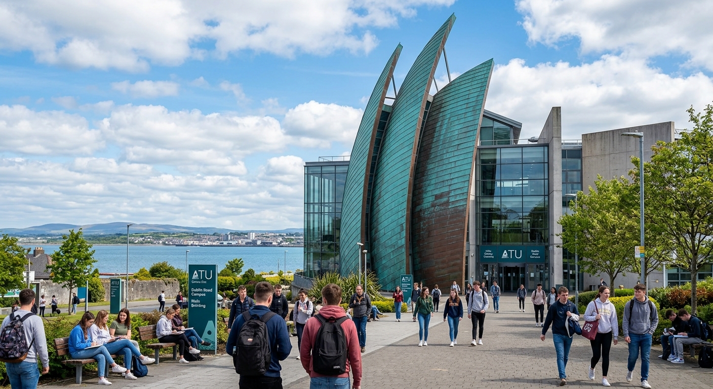ATU Galway City Dublin Road campus main building with iconic sail-shaped copper panels, modern architecture, students on campus grounds, blue sky with clouds over Galway Bay