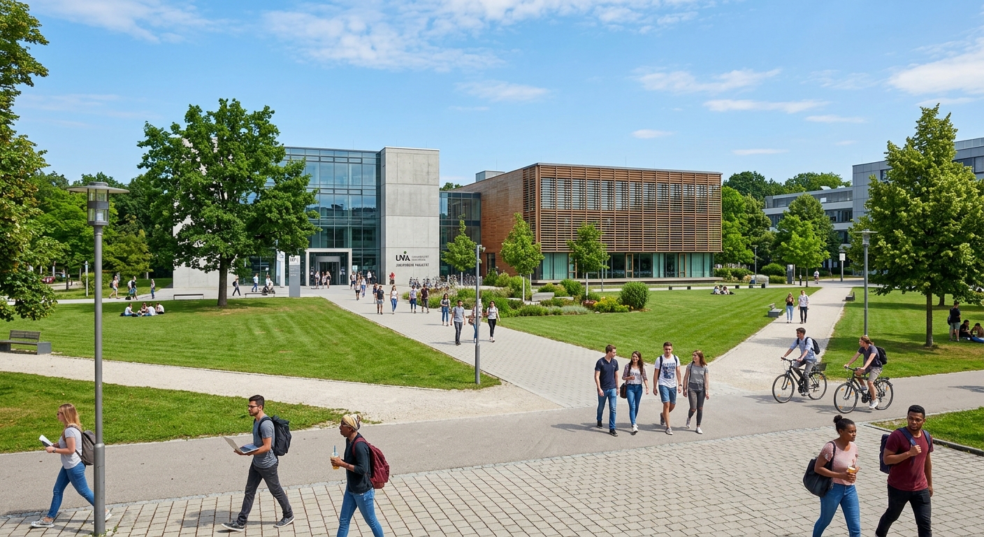 Modern university campus of the University of Augsburg in Bavaria, Germany, with contemporary architecture, green lawns, students walking between faculty buildings, and a clear blue sky