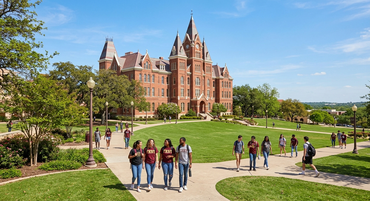 Old Main building at Texas State University, Victorian Gothic red-gabled architecture on Chautauqua Hill, green lawns, clear blue sky, students walking on pathways