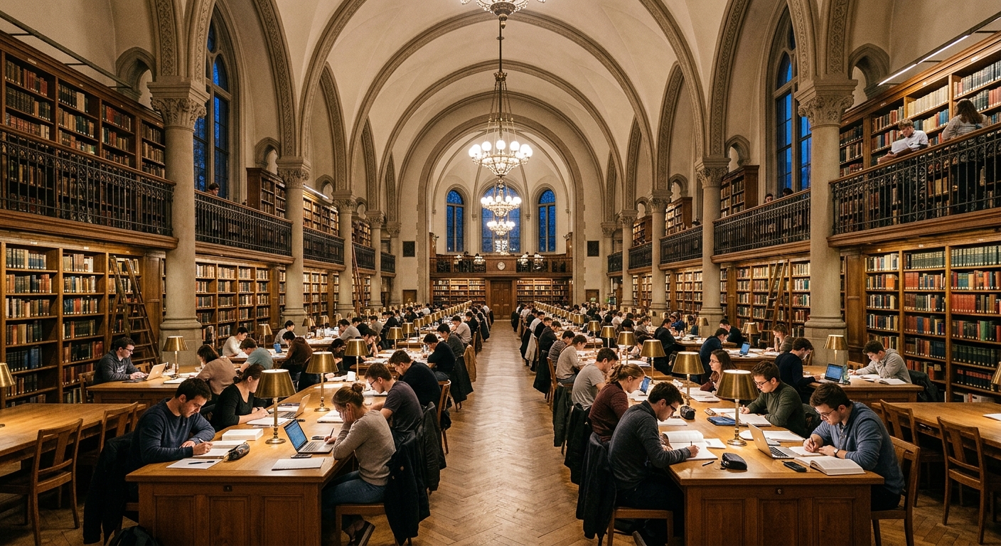 LMU Munich University Library interior, grand reading room with high ceilings, rows of wooden desks, students studying under warm lighting, historic bookshelves lining walls
