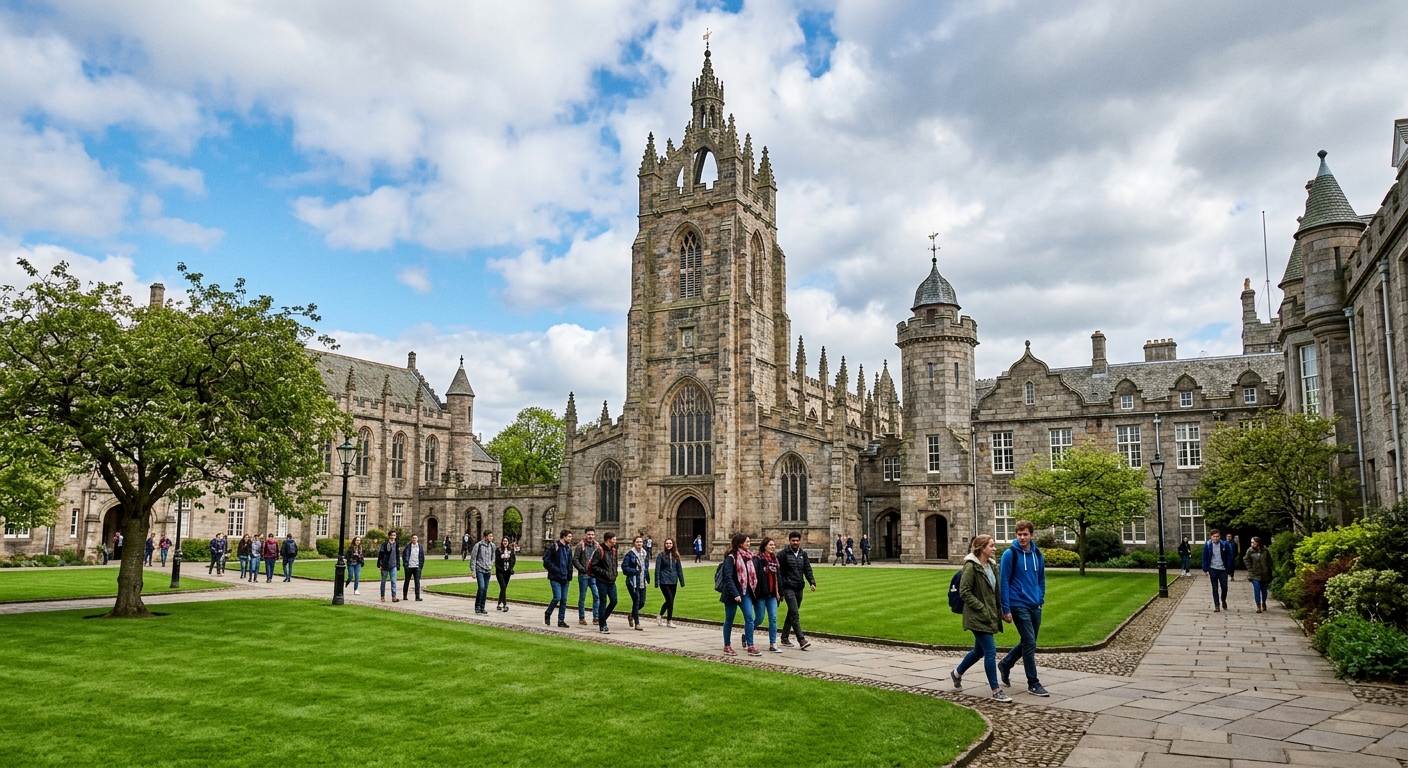 Historic granite campus buildings of the University of Aberdeen with green lawns, King's College Chapel tower visible, students walking on pathways under a partly cloudy Scottish sky