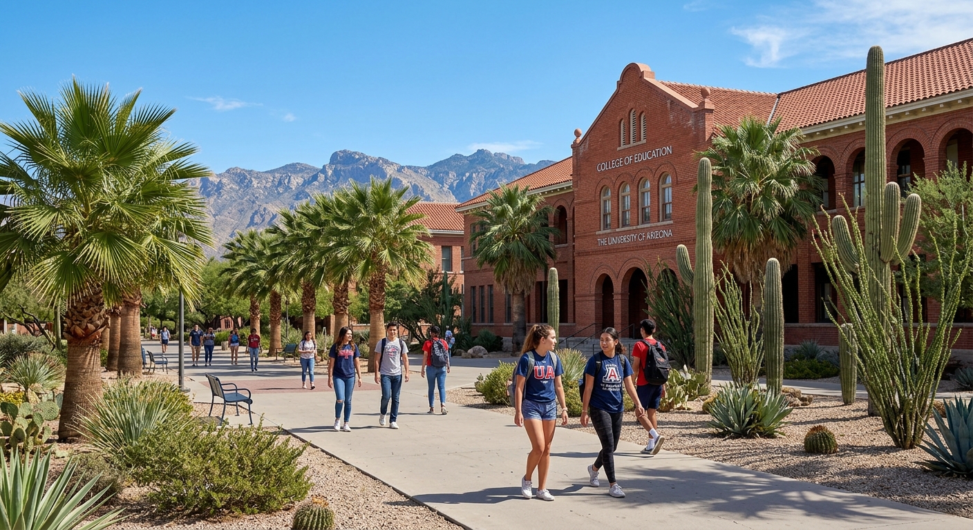 University of Arizona campus in Tucson with red brick buildings, desert landscaping with saguaro cacti, clear blue sky, and students walking along palm-lined pathways near the College of Education