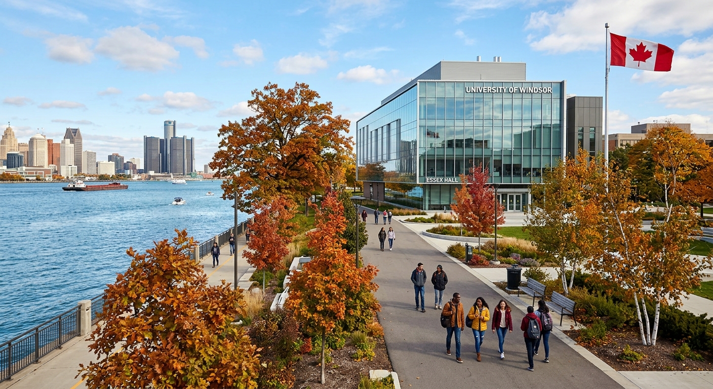 University of Windsor campus along the Detroit River waterfront, modern science building with glass facade, students walking on tree-lined pathways, Canadian flag visible, bright autumn day