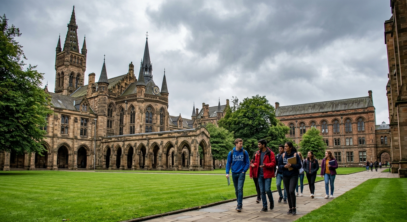University of Glasgow historic Gothic Revival main building with green lawns, engineering students walking on campus, James Watt Engineering Building visible in background, overcast Scottish sky