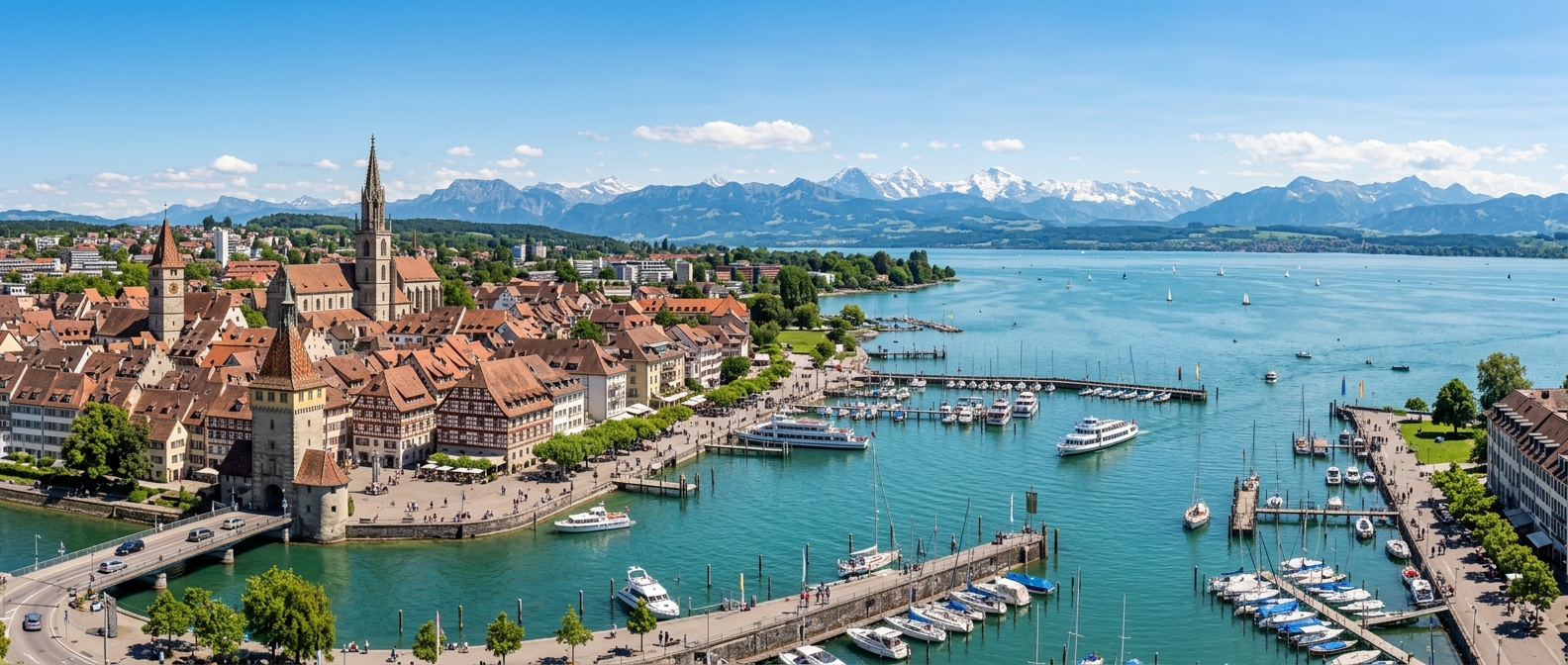 Panoramic view of Konstanz city old town with medieval architecture, Lake Constance waterfront, boats in harbour, Swiss Alps in distant background, clear blue sky